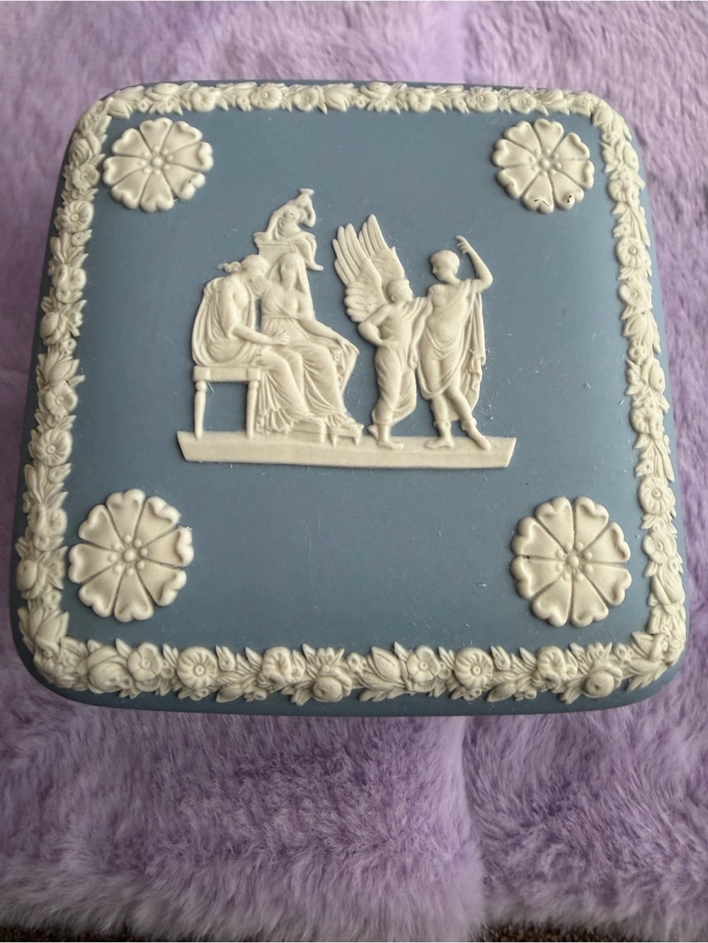 Preloved: Blue Jasperware Style Trinket Box with White Relief